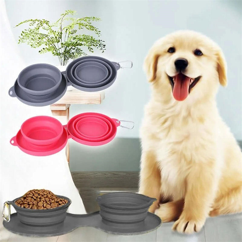 Foldable Rubber Double Pet Bowl For Convenient Travel Feeding
