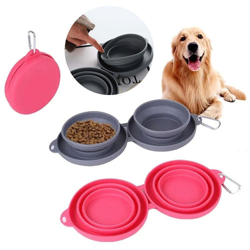 Foldable Rubber Double Pet Bowl For Convenient Travel Feeding